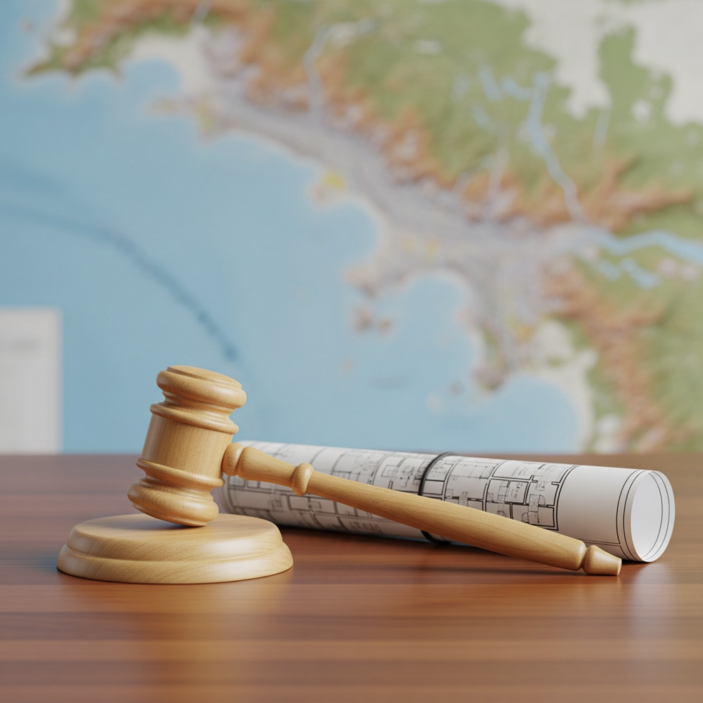 Gavel and blueprints, symbolizing the legal planning involved in riparian rights in Florida.